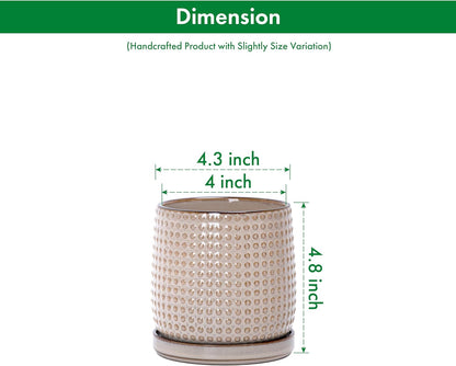 D'vine Dev 4 Inch Ceramic Beaded Stoneware Planter Pot - Flower Pot with Drainage Holes and Saucers