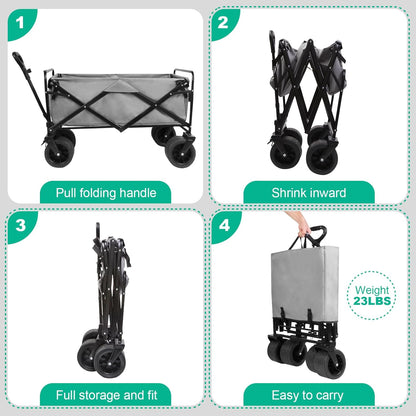 MMQ Heavy-Duty Folding Wagon with 550lbs Weight Capacity, Collapsible Wagon with Big Wheels