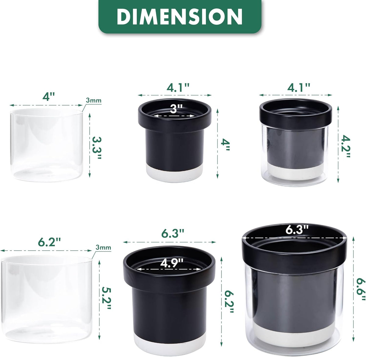 Phoenix Vine 6 Inch 4 Inch Self Watering Terracotta Planter, Black Terracotta Clay Pot with Glass