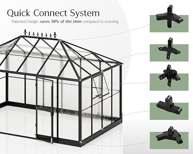 Jocisland 14x9.5x9 FT Outdoor Aluminum Greenhouse with Quick Connect Fittings, 6 FT Height Double