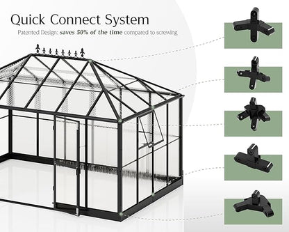 Jocisland 14x9.5x9 FT Outdoor Aluminum Greenhouse with Quick Connect Fittings, 6 FT Height Double