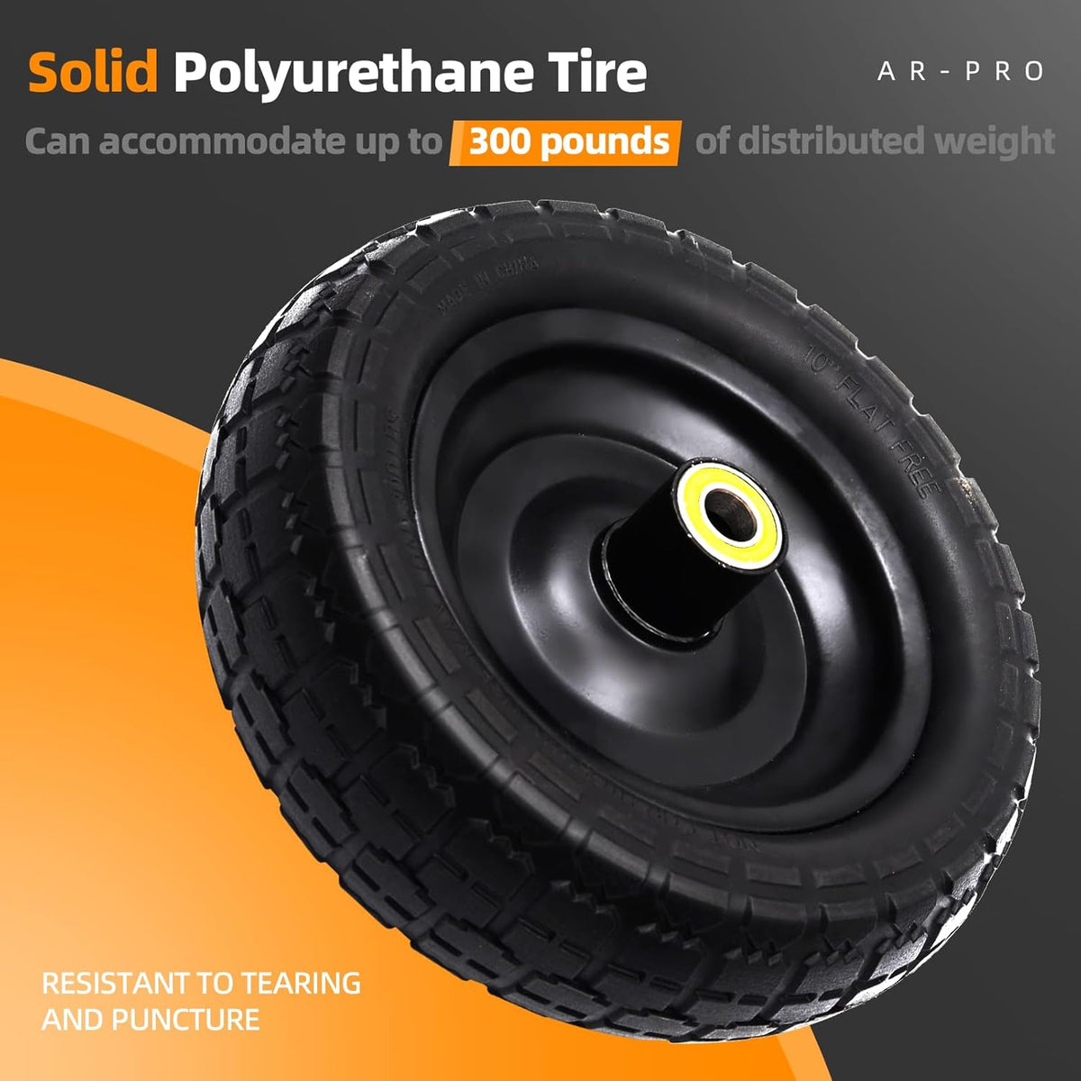 AR-PRO (4-Pack) Replacement Wheels 10 inch Flat Free Tire - Solid Flat-Free Tire and Wheel - 3"