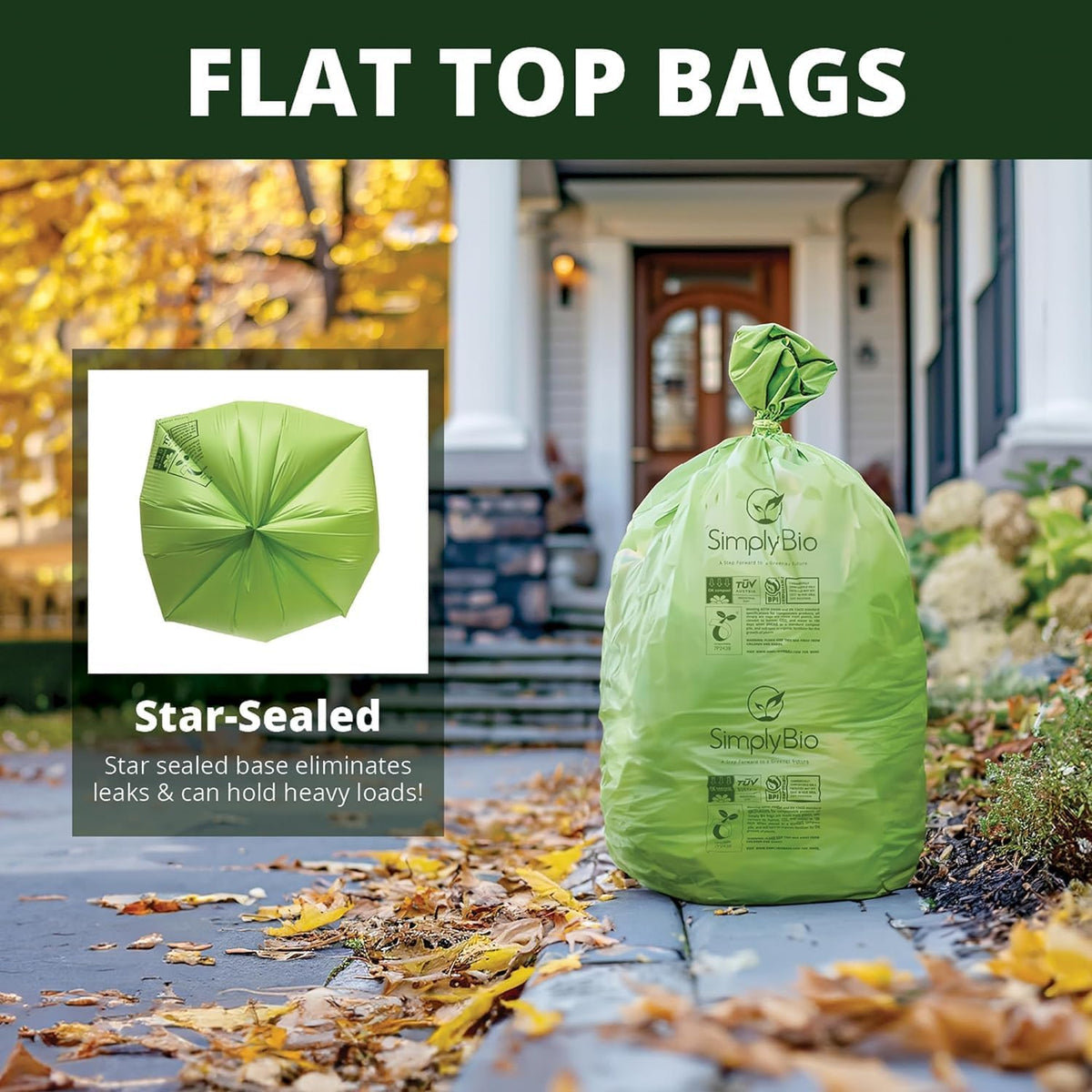 64 Gallon Compostable Trash Bags Flat-Top, Heavy Duty Extra Thick 2 Mil, 242.27 Liter, 12 Bags