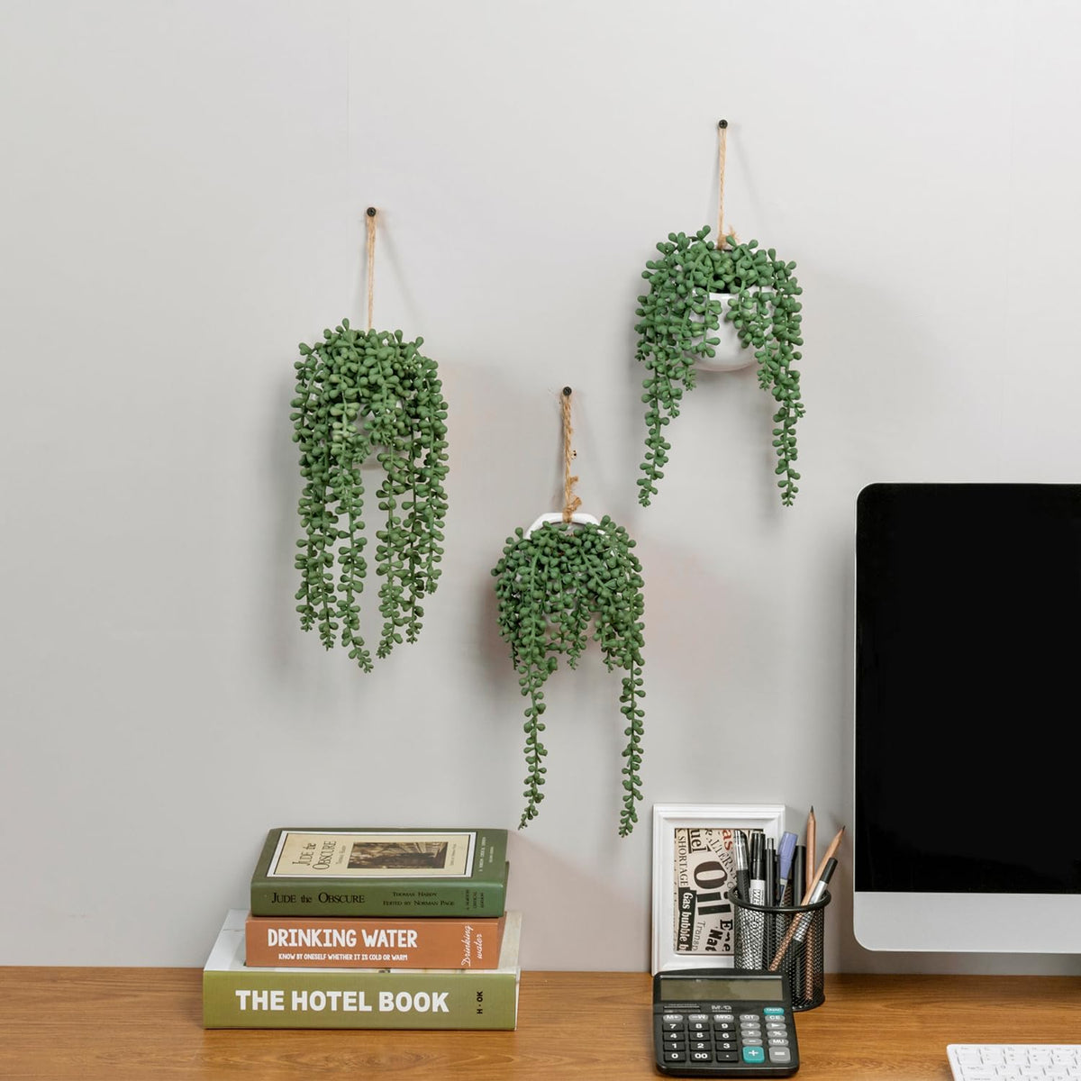 MyGift Artificial Faux String of Pearls Plants in White Ceramic Wall Hanging Planter Pot with Jute