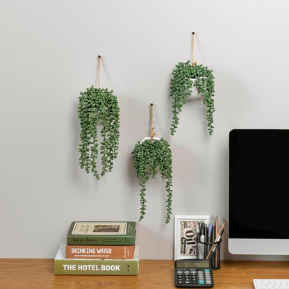 MyGift Artificial Faux String of Pearls Plants in White Ceramic Wall Hanging Planter Pot with Jute