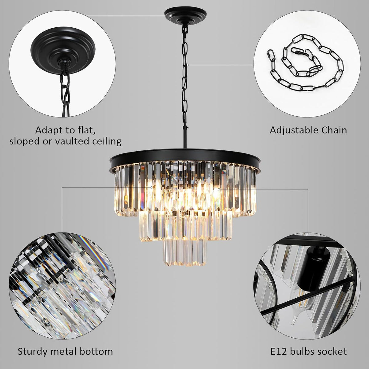 Crystal Chandeliers for Dining Room Lights Fixtures, 9 Lights Black Modern Chandeliers for Bedroom