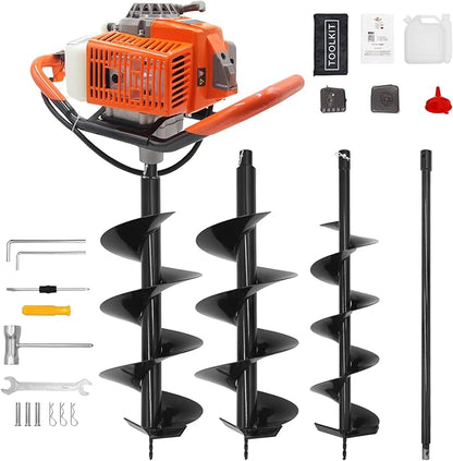 72CC Newly Upgraded Post Hole Digger Gas Powered, 2 Stroke Auger Post Hole Digger with 2 Drill Bits