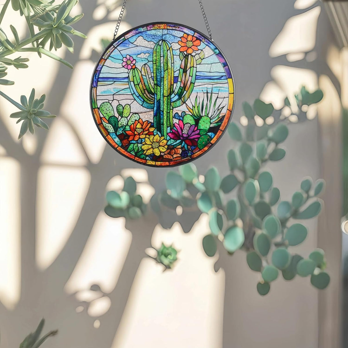 Cactus Suncatcher Decor, Cactus Stained Glass Window Art Beach Decor Sea Glass Hanging - 7.9"
