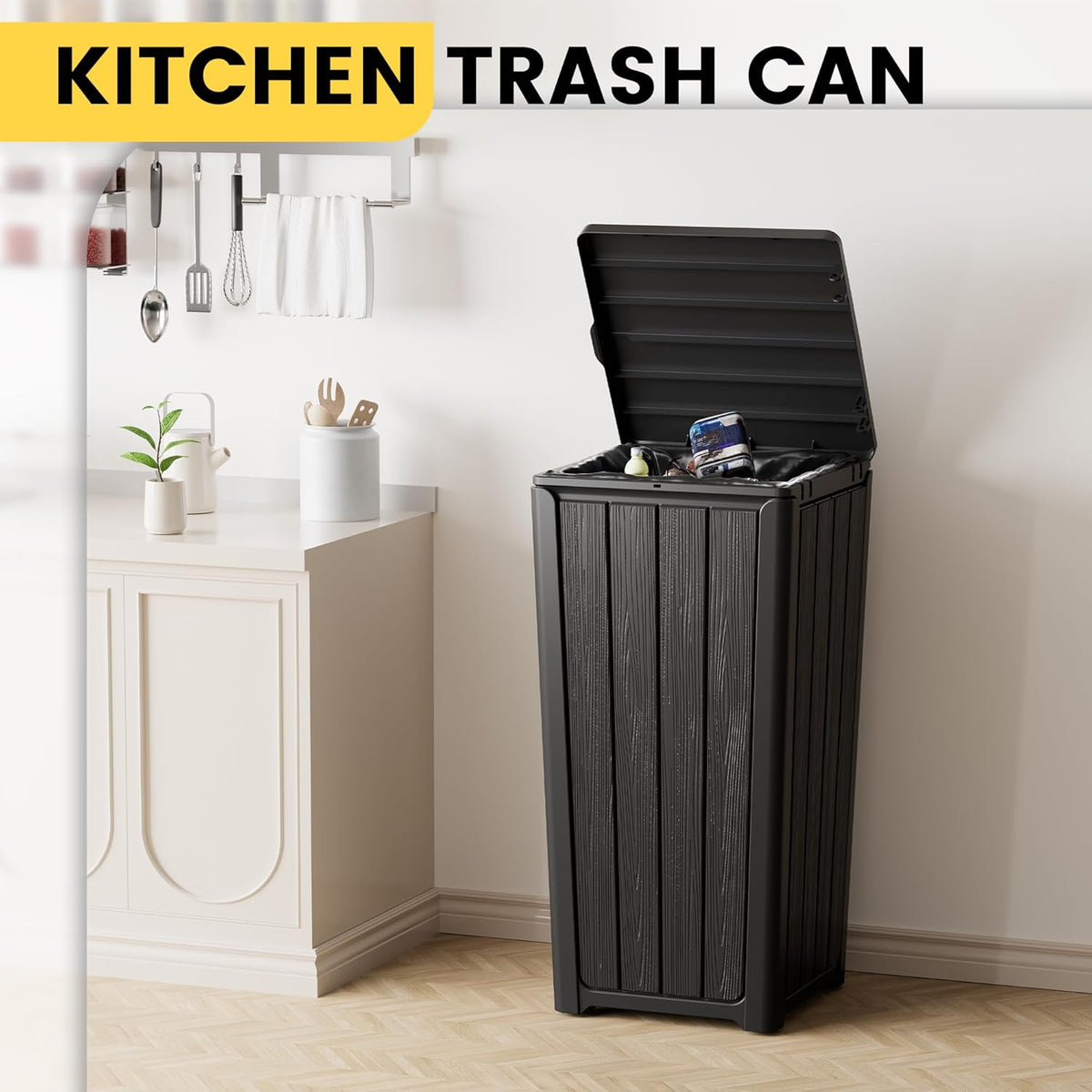 Outdoor Trash Can with Lid, Waterproof Resin Garbage Can with Tiered Lid, Outside Trash Bin for