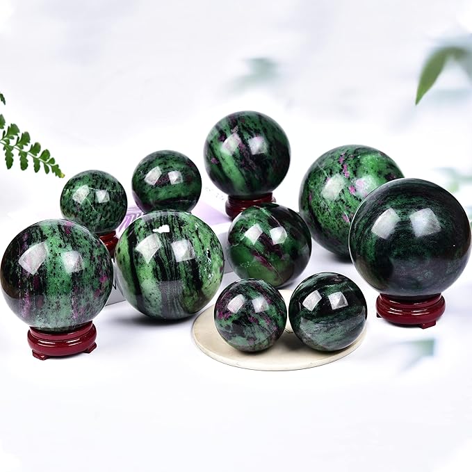 JIC Gem Large Gemstone Sphere Ball Ruby Zoisite Healing Crystal Ball Red&Green Crystal Sphere with