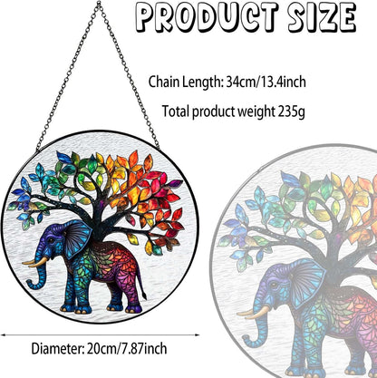 Elephant Tree Stained Glass Window Hanging Boho Animal Sun Catcher Decor Birthday Gifts for Women