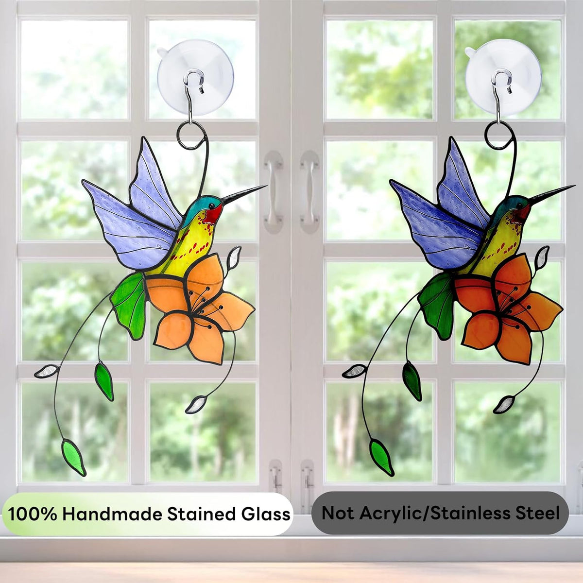 Handmade Stained Glass Hummingbird Suncatcher, Lavender-Purple Bird with Peach-Fuzz Flower Window