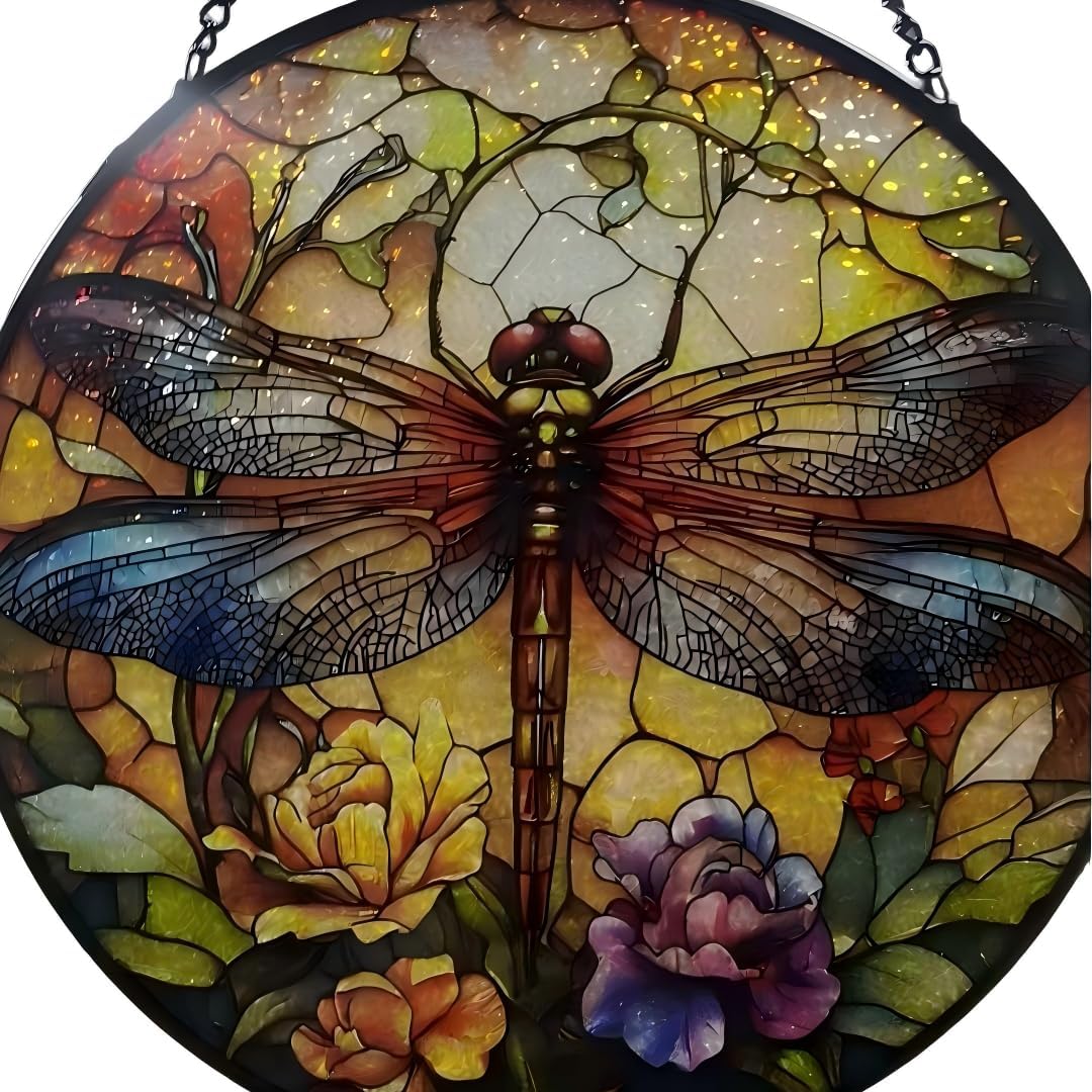 Dragonfly Handmade Stained Glass Window Hanging Suncatcher with Chain - 7.9" Outdoor/Indoor Art