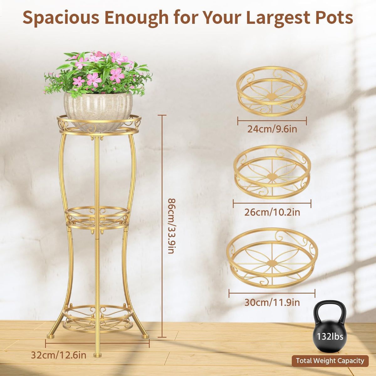 LASZOLA Gold 3 Tier Tall Plant Stand for Indoor Outdoor, Large Multiple Level Flower Planter Holder
