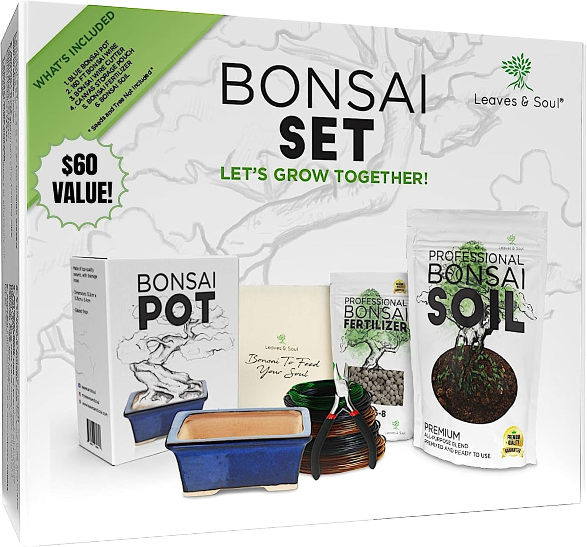 Leaves and Soul Complete Bonsai Set - Small Blue Rectangle Bonsai Pot | 160ft of Bonsai Hobby Wire