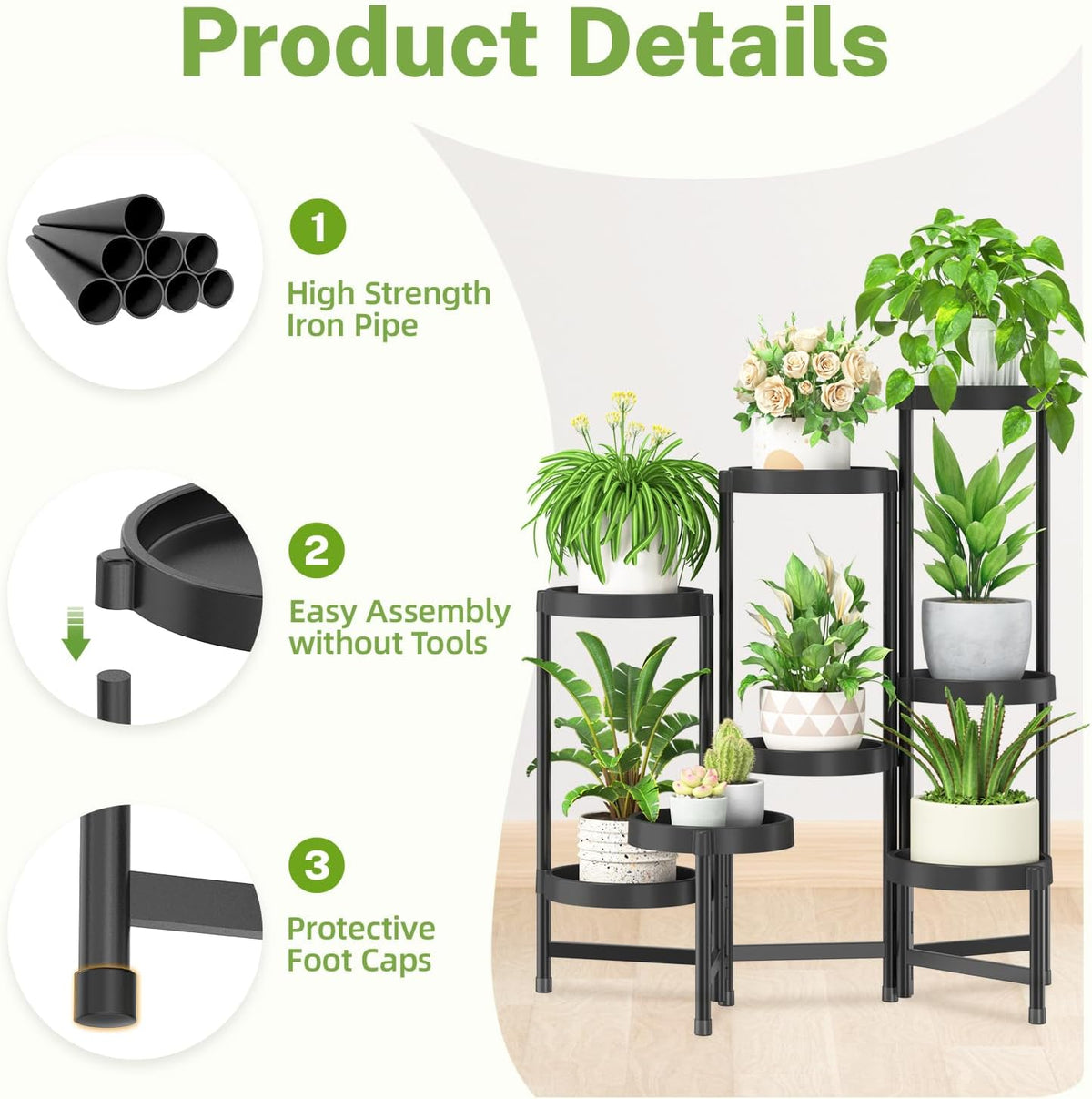 iDavosic.ly 8 Tier Folding Plant Stand Indoor Outdoor with Plastic Tray, Tiered Corner Flower