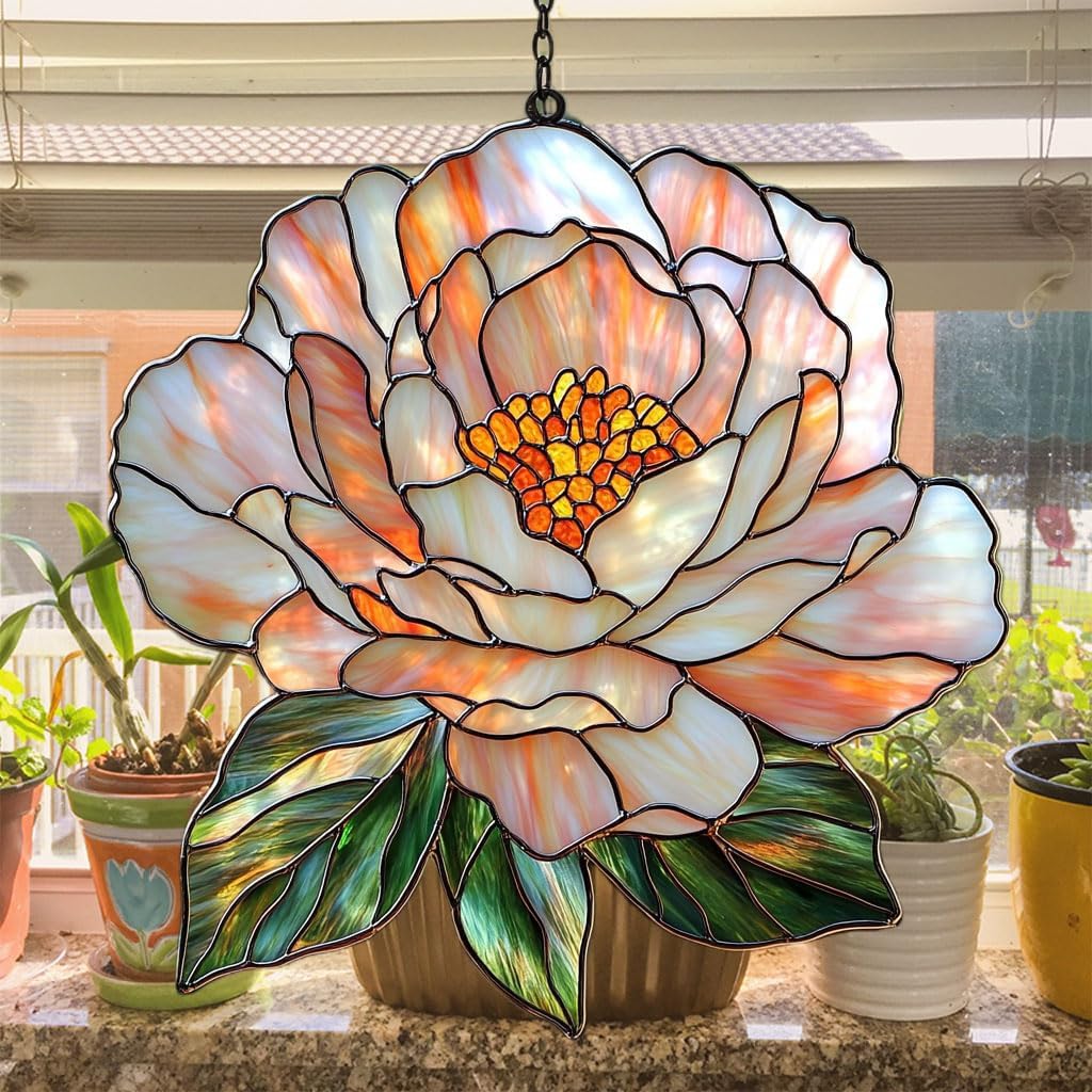 Pastel Pink Peony Acrylic Suncatcher Stained Glass Effect Window Car Hanging Christmas Ornament