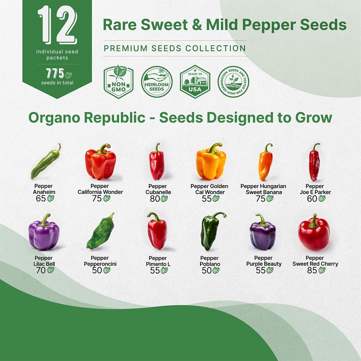 Organo Republic 12 Rare Sweet & Mild Pepper Seeds Variety Pack - 770+ Non-GMO Heirloom Pepper Seeds