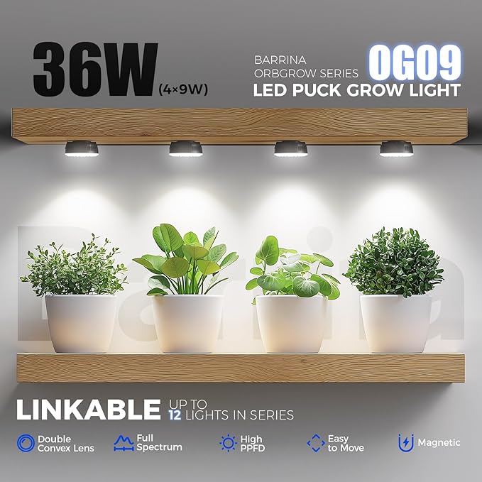 Barrina Orbgrow OG09 Puck Grow Light, 5000K 36W(4 x 9W, 540 Watt Equiv), Full Spectrum Plant Light