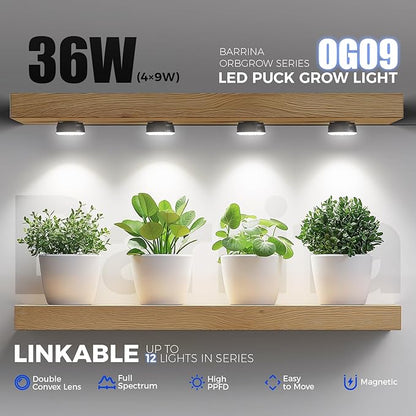 Barrina Orbgrow OG09 Puck Grow Light, 5000K 36W(4 x 9W, 540 Watt Equiv), Full Spectrum Plant Light