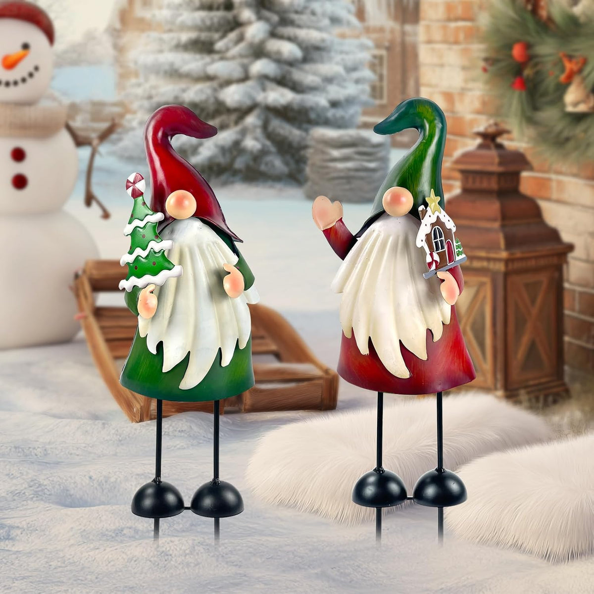 HONGLAND Outdoor Christmas Decorations, 2 PCS Metal Gnome Yard Art Christmas Gnomes 18 Inch Gnome
