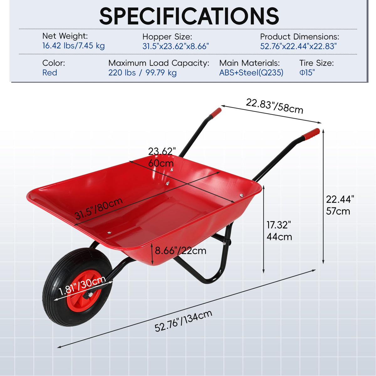 Heavy Duty Steel Tray Garden Wheelbarrow with 12" Pneumatic Single Wheel