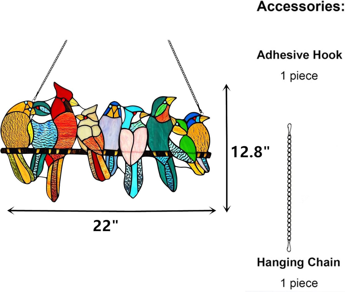 Stained Glass Birds Window Hangings, 9 Multicolor Stained Glass Birds on Branch Suncatcher