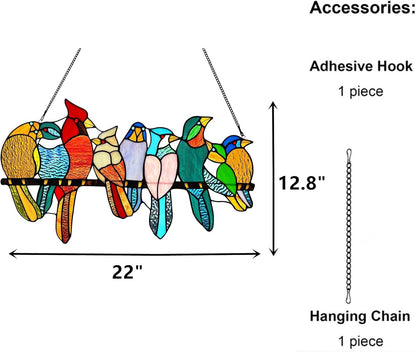 Stained Glass Birds Window Hangings, 9 Multicolor Stained Glass Birds on Branch Suncatcher