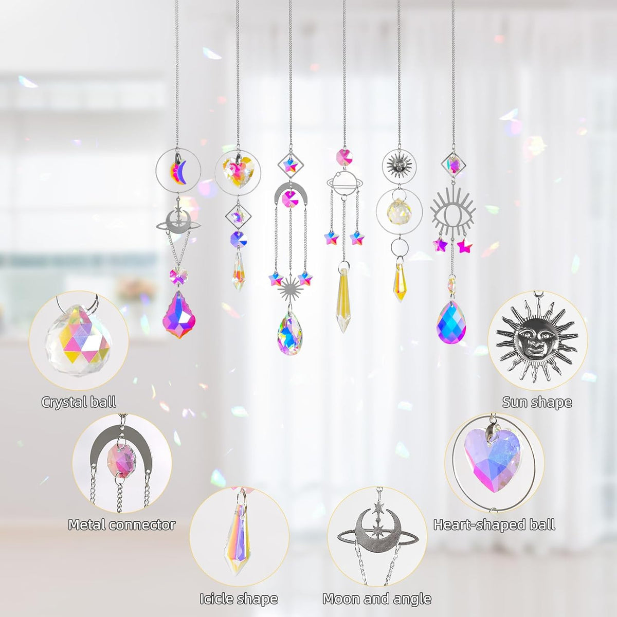 Sun Catchers 6Pieces Colorful Crystals Suncatcher with Chain Pendant Ornaments Hanging Crystals