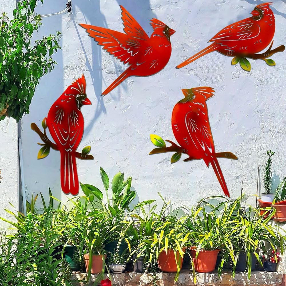 4 Pack Metal Cardinal Wall Art Decor Metal Birds 3D Outdoor Sculpture, Ornaments Hand-Made Nimble