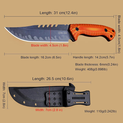 BA-KOR 12.4in Full Tang Fixed Blade Hunting Knife – 6mm 9CR18MoV Steel, G10 Handle, Stonewashed