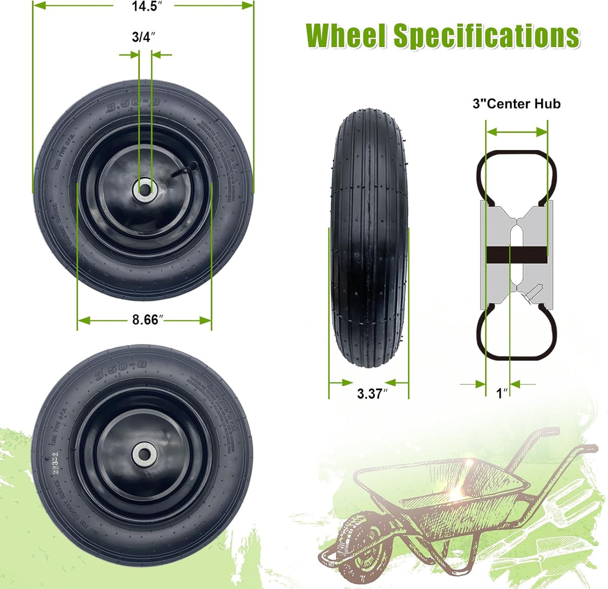 2-Pack 14.5-Inch Wheelbarrow Tire.3.50-8" Pneumatic Tires and wheels with 3"- 6" Center Hub and