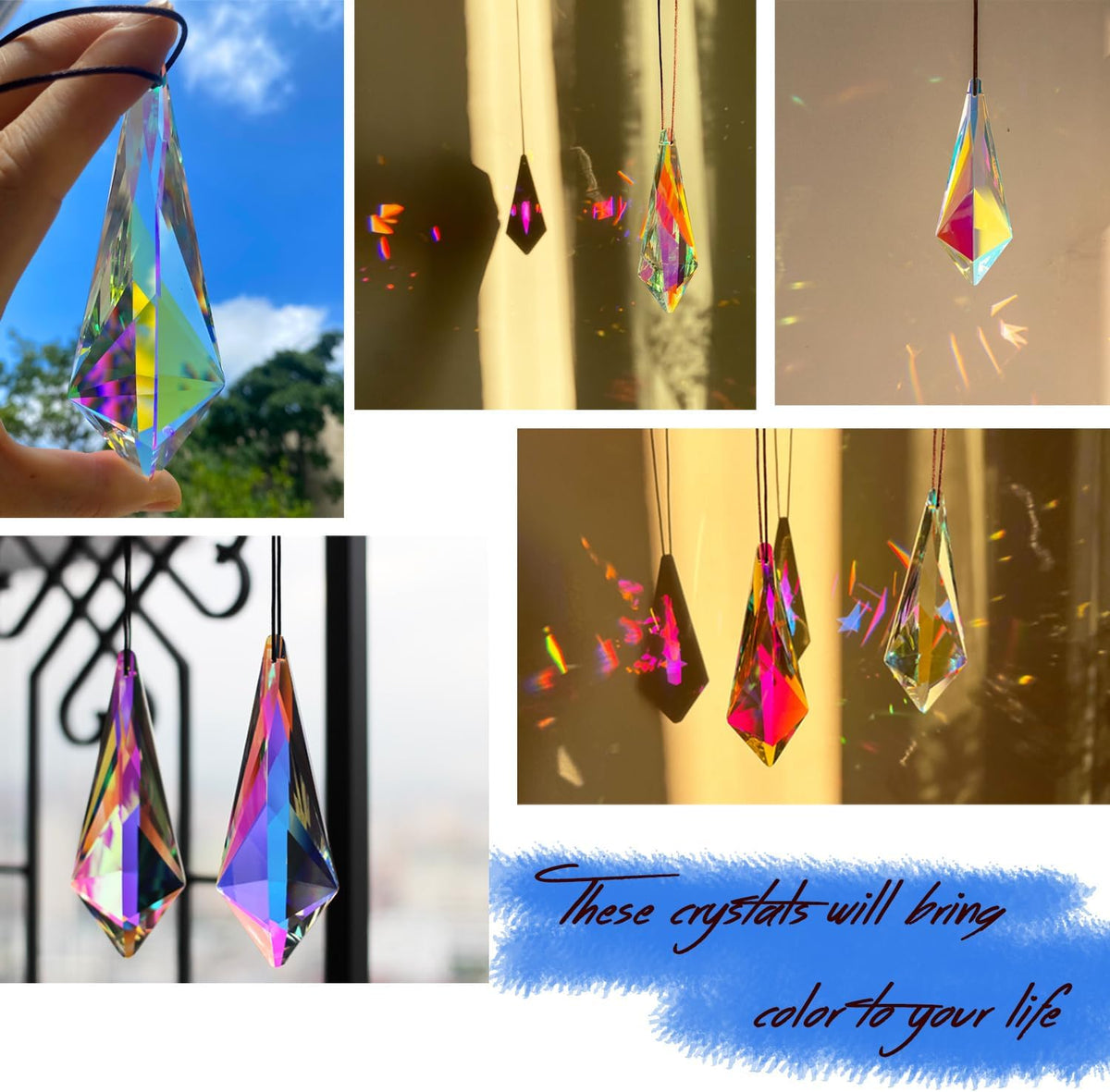 2PCS 5" Large Lanky Cone Crystal Sun Catcher Prisms, STINO Hanging Suncatchers with Glass Prism