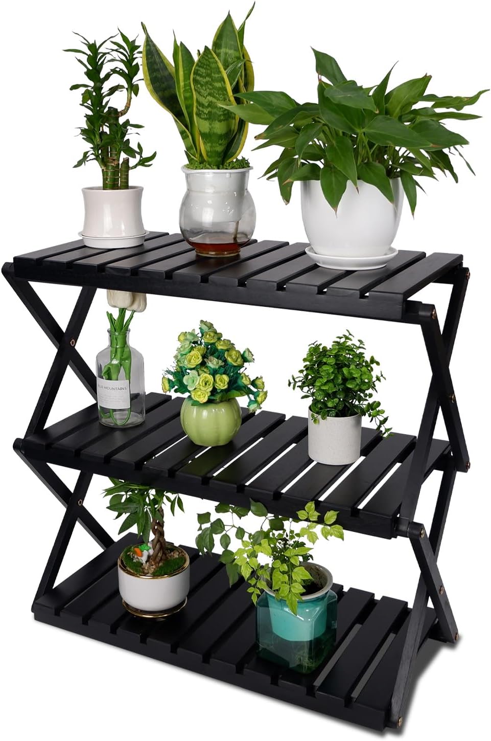 BEEFURNI Acacia Stand Indoor, Wooden Outdoor Plant Stand, Foldable Corner, 3 Tier Plant Stand, Easy