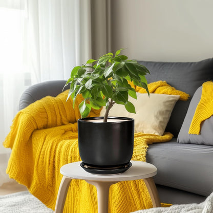 Ceramic Flower Pot 8 Inch - Modern Round Planter for Indoor Outdoor Plants with Drainage Hole and