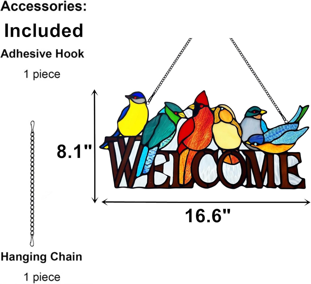 6 Birds Stained Glass Welcome Sign for Front Door Window Hanging Suncatcher, Handmade Tiffany Style