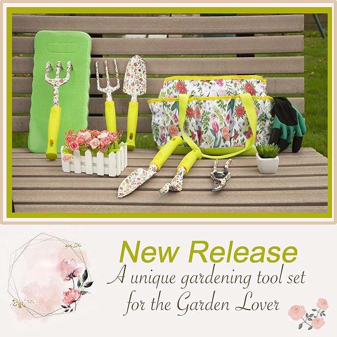 Garden Tool Set 9 Piece Heavy Duty Aluminum Gardening Hand Tools Kit Cute Gardening Supplies with