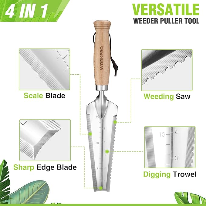 WORKPRO Garden Trowel with Wood Handle, Stainless Steel Narrow Hand Shovel, Multi- Use Flat Garden