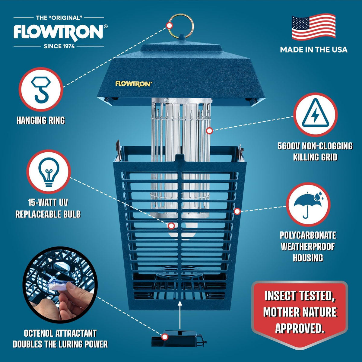 Flowtron Electric Bug Zapper 1/2 Acre Outdoor Insect Control with Dual Lure Method, 15W UV Light &