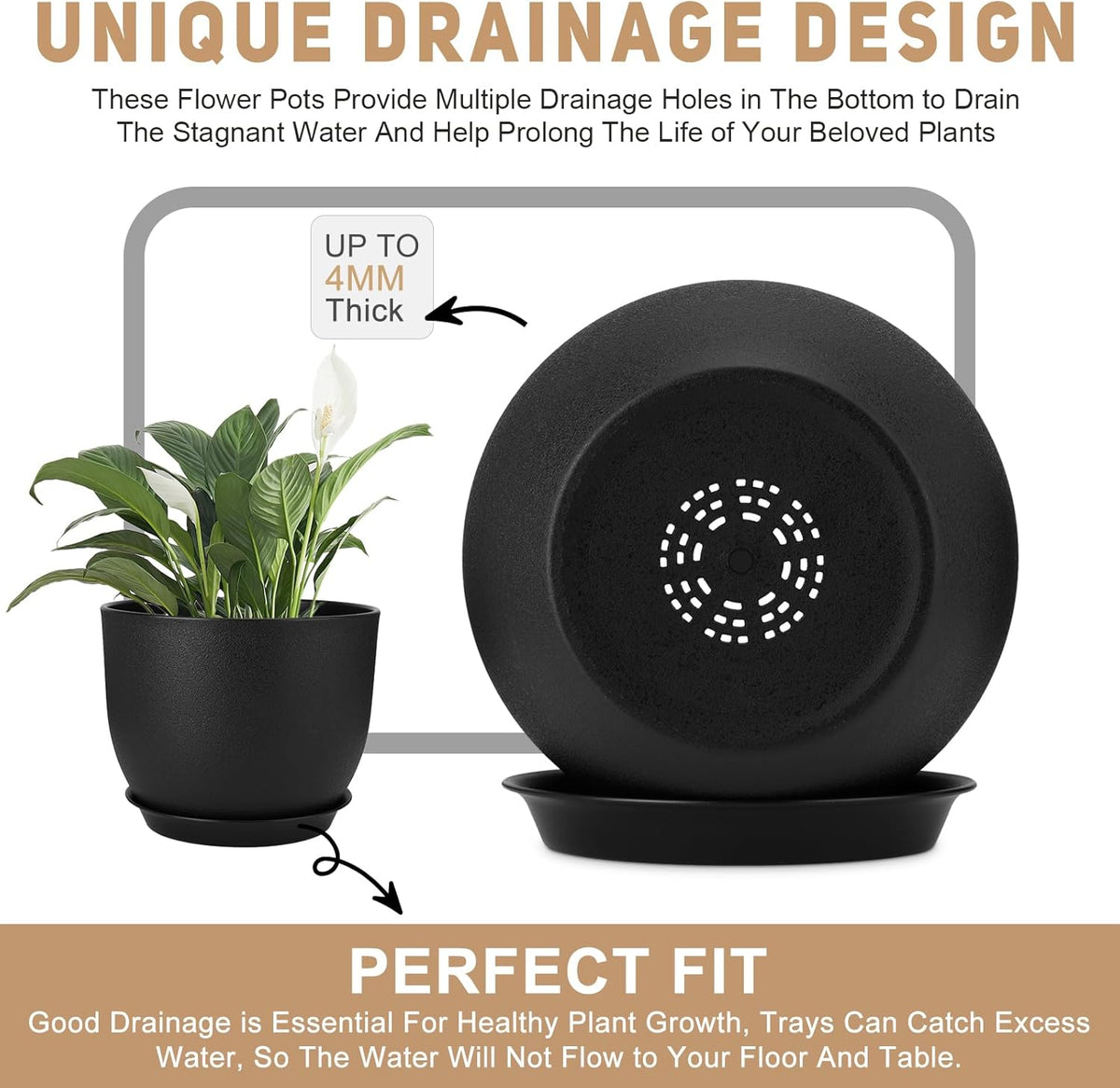 Plant Pots 12/10/9 inch Set of 3, Flower Pots with Multi Mesh Drainage Holes, Large Planters for