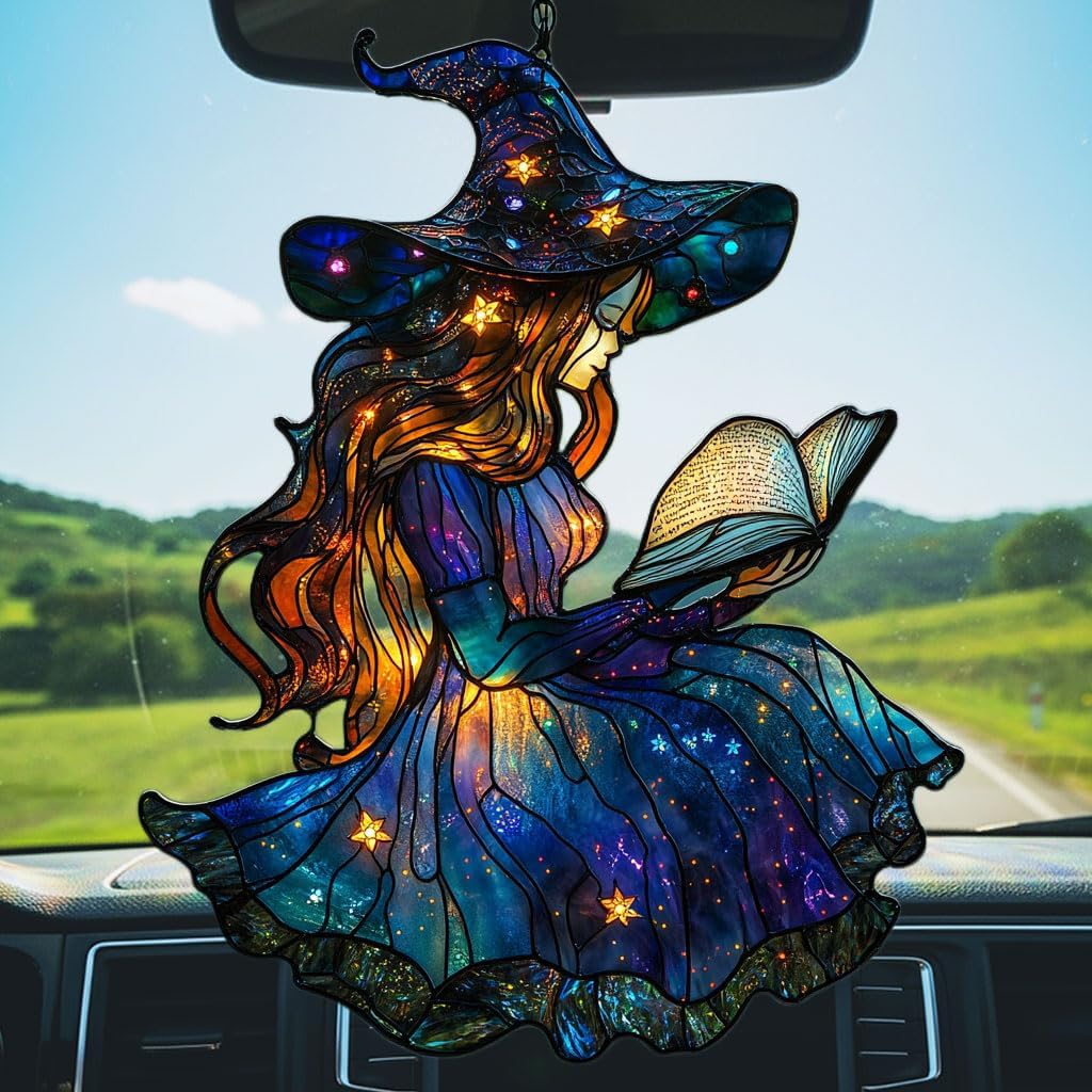 Cute Wizard Reading Books Acrylic Suncatcher Stained Glass Effect Window Car Hanging Christmas