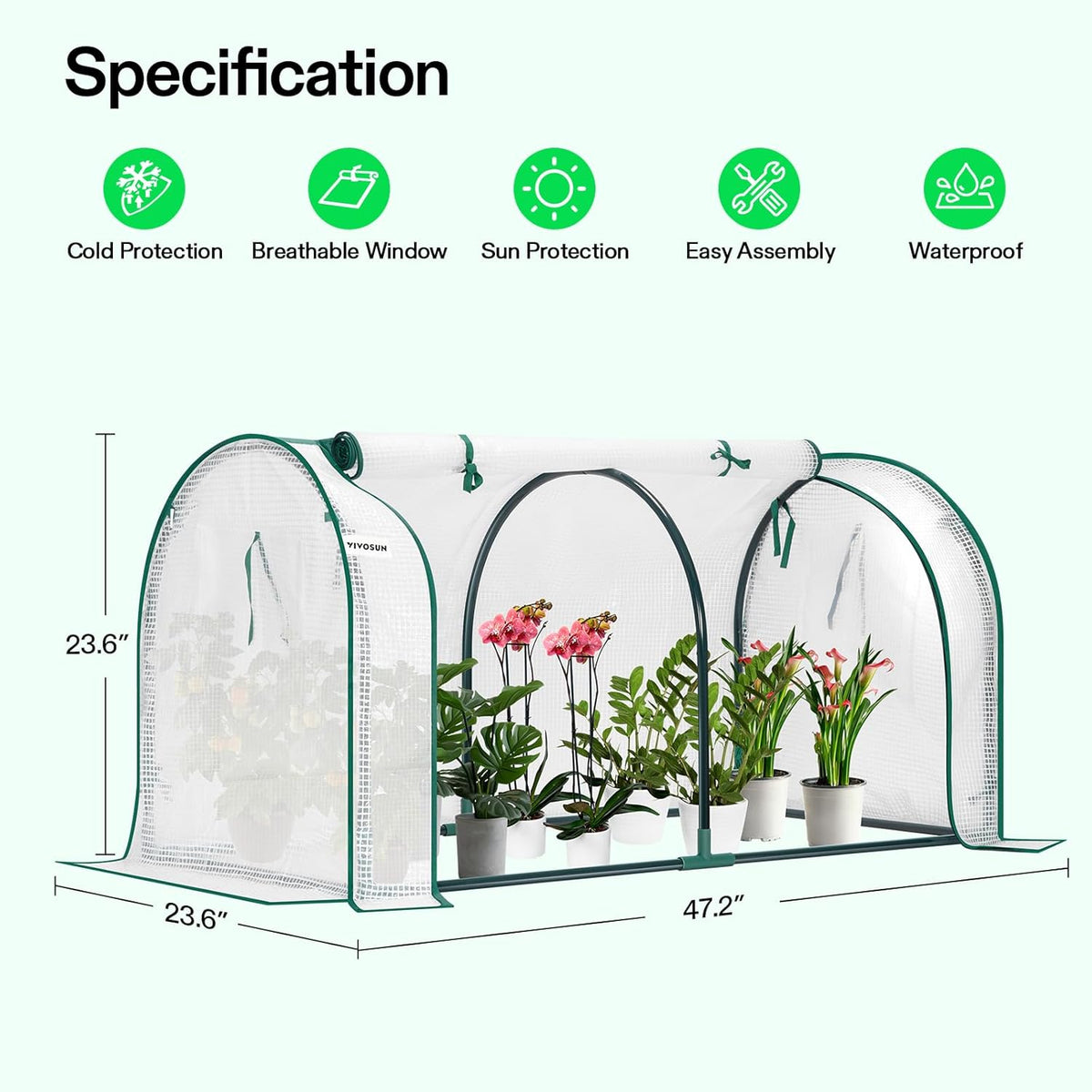 VIVOSUN Portable Mini Greenhouse 47x23x23-Inch Tunnels, PE Cover with Roll-up Zipper Door, for