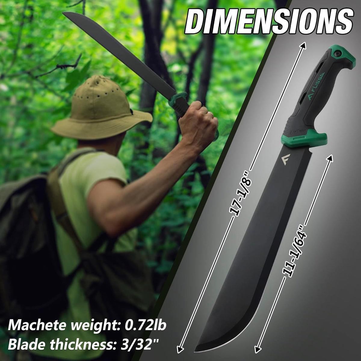FLISSA 11'' Machete for Yard Work, Ergonomic Air Tech Handle and Lightweight Sheath, Stainless