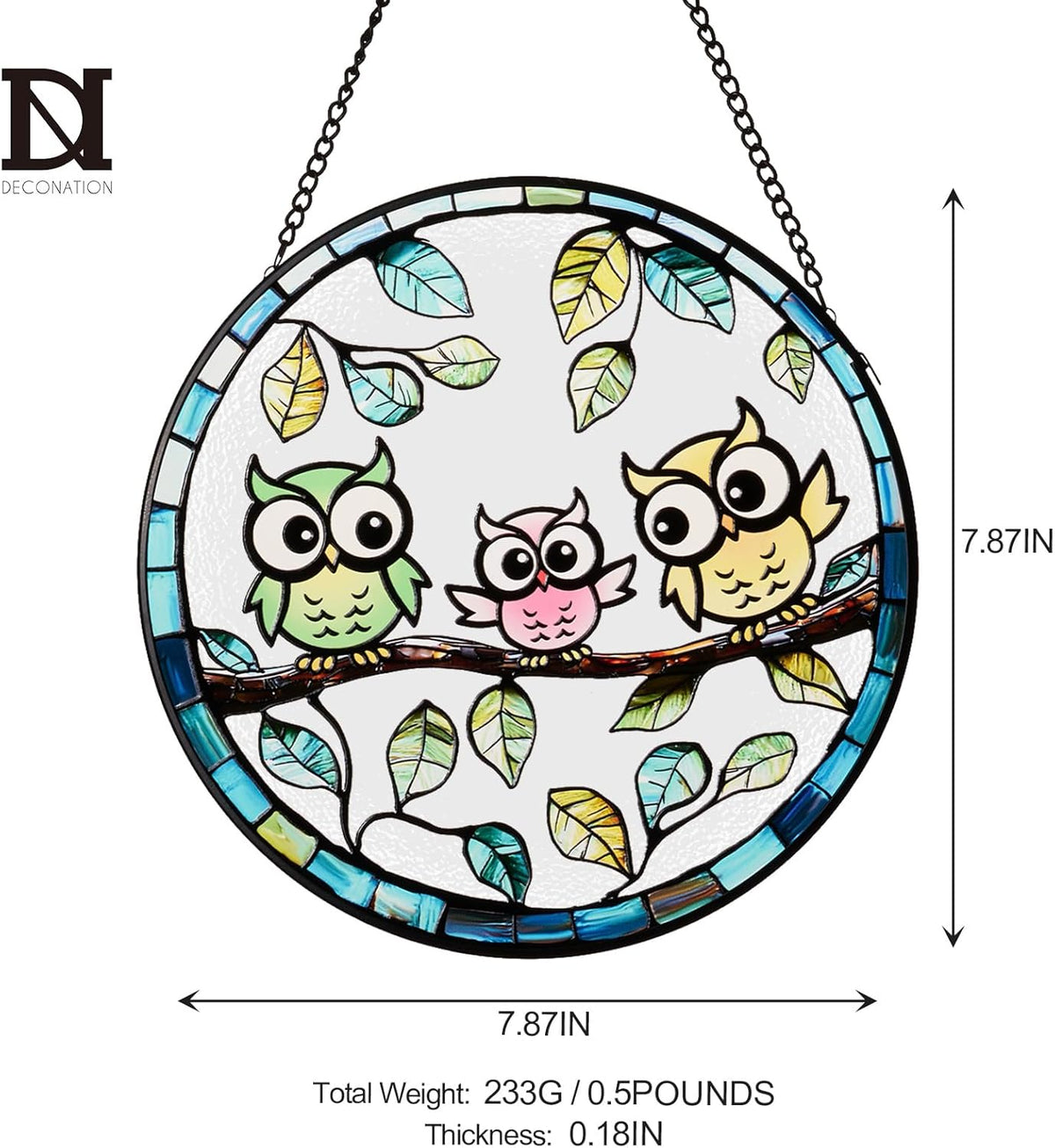 7.87” Owl Stained Glass Suncatcher - Hand-Painted Colorful Owls on Tree Window Hanging with Metal