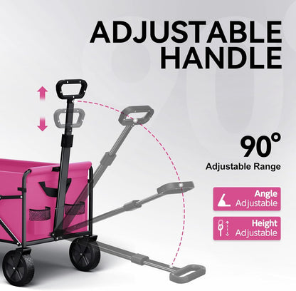 Collapsible Folding Wagon, Heavy Duty Pink Foldable Wagon Cart with Wheel, Lightweight Utility