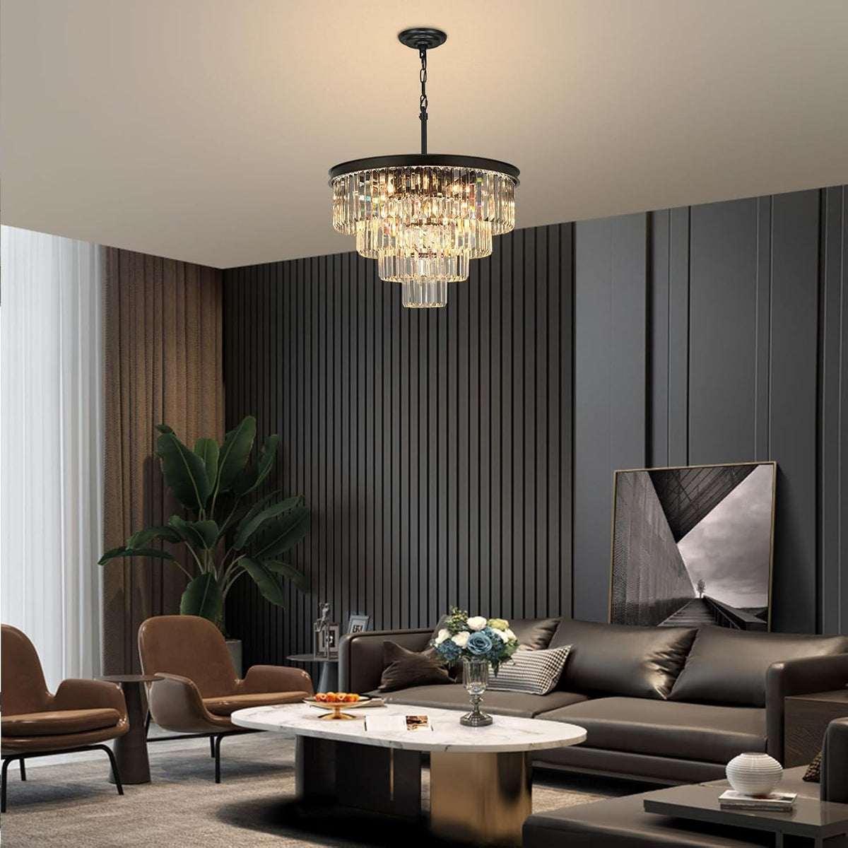 Crystal Chandeliers for Dining Room Lights Fixture Over Table, 15 Lights Black Modern Chandeliers