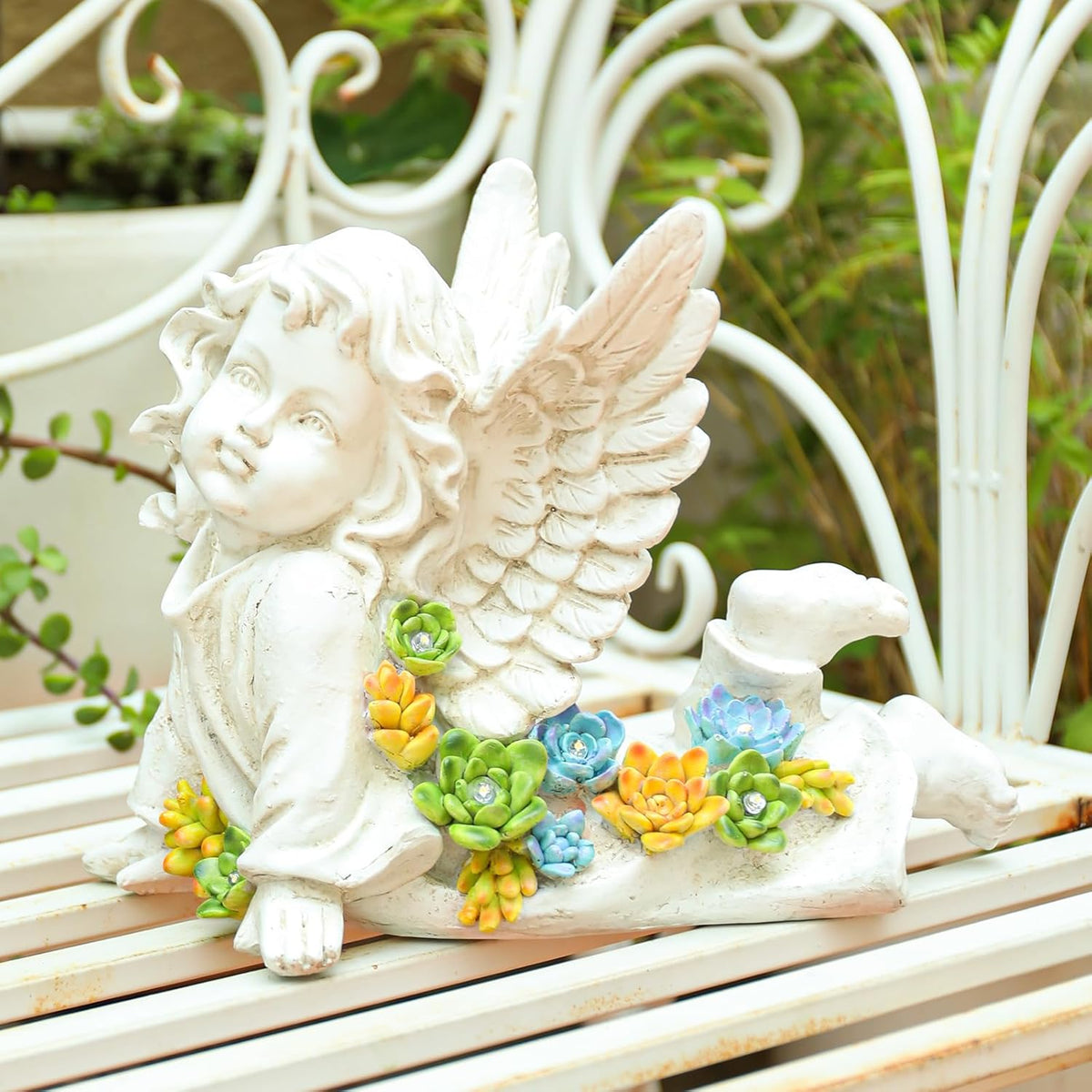 Solar Cherub Angel Outdoor Garden Decor Statues - 7 inches Baby Angel Figurines Outdoor Sculptures