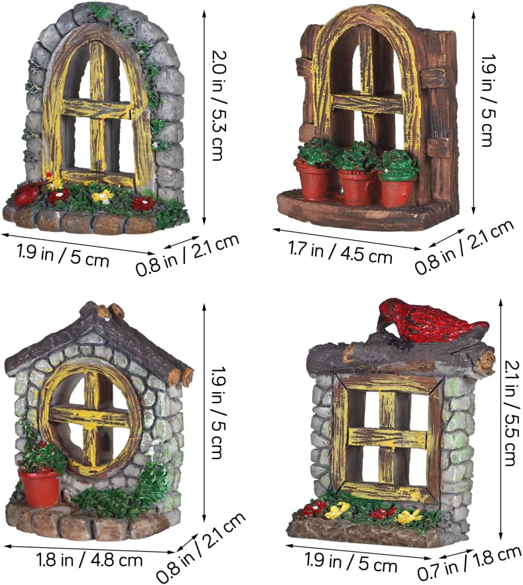 VOSAREA 4PCS Fairy Garden Windows and Door Set - Miniature Resin Gnome House Accessories for