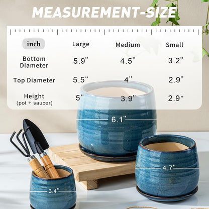 Ceramic Plant Pots with Drainage Holes and Saucers, Indoor Flower Pots for Plants Set of 3