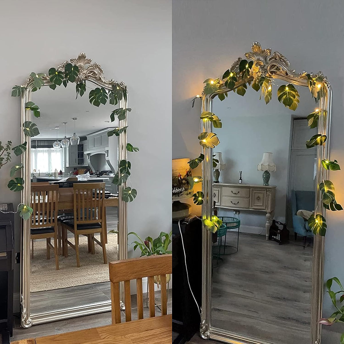RECUTMS Monstera Leaf String Lights 2 Pack, 20LED Tropical Artificial Rattan Palm Green Leaves Wall